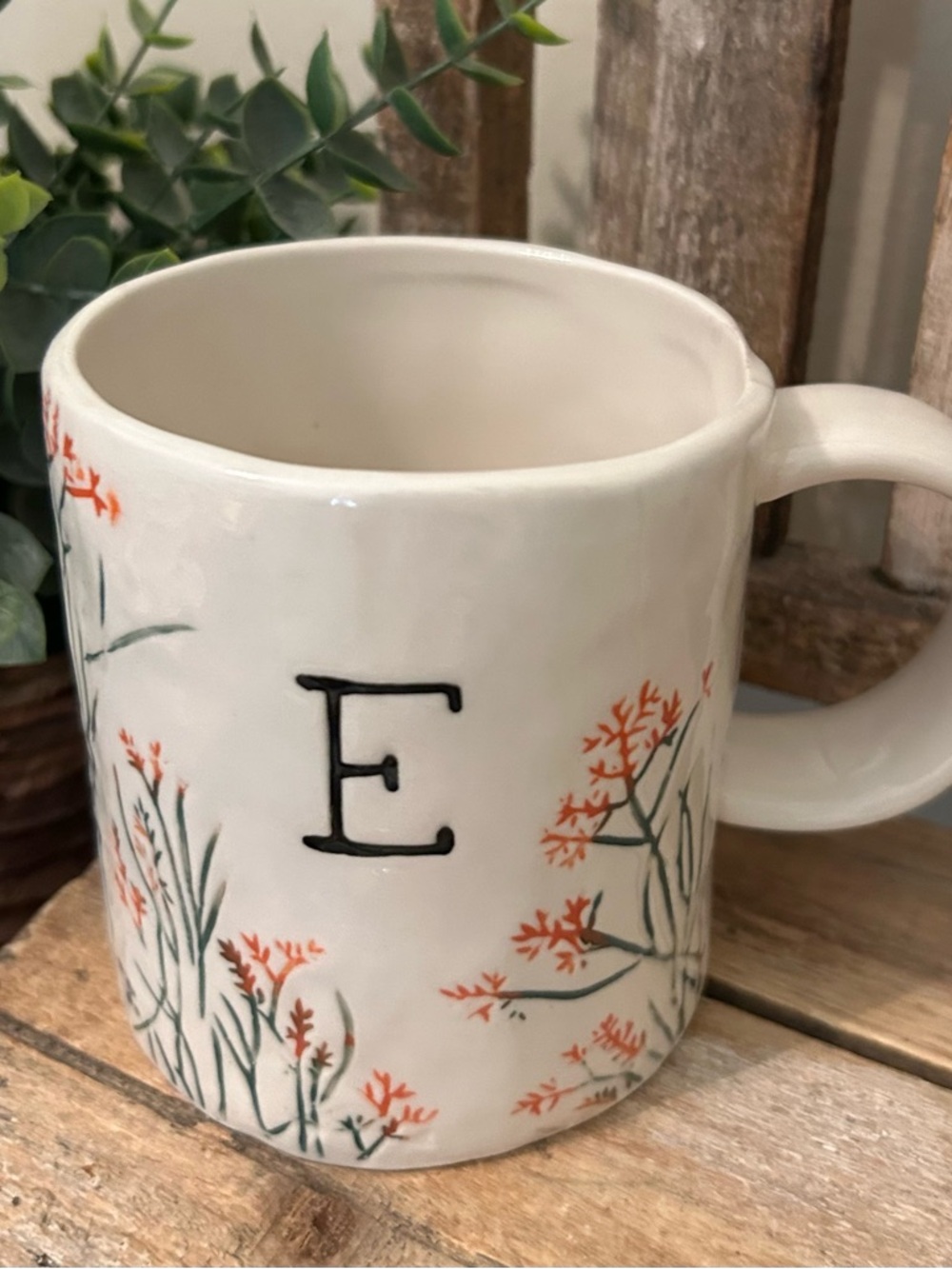 Anthropologie Dagny Monogram “E” Floral Mug, Initial Botanical Coffee Cup